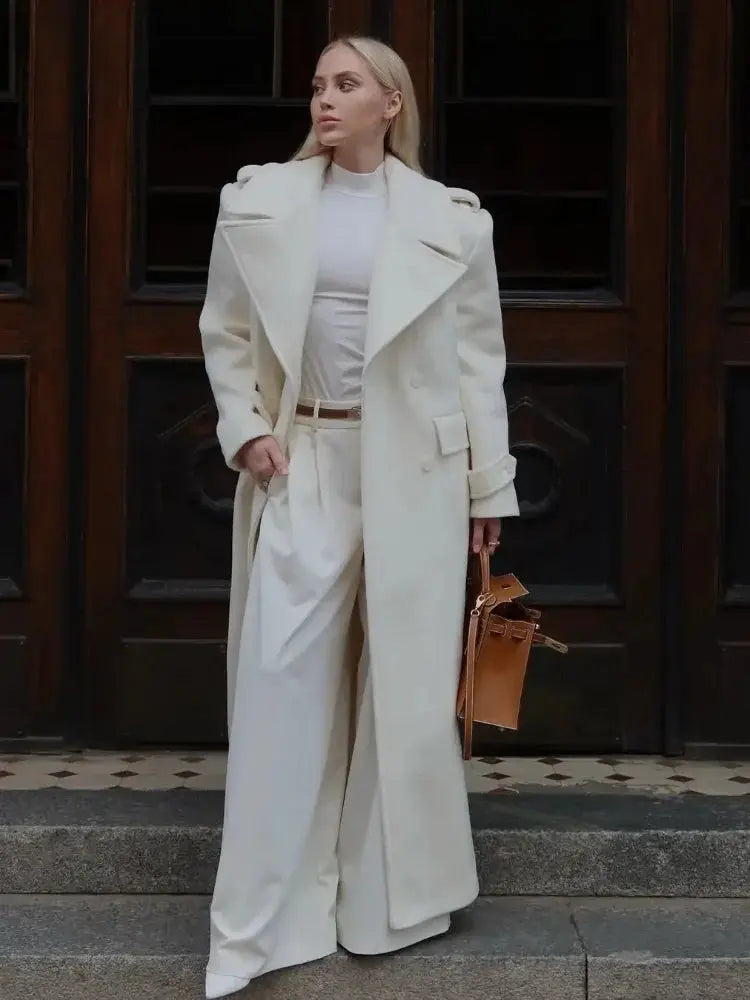 Chic Double-Breasted Wool Coat with Lace-Up Detail