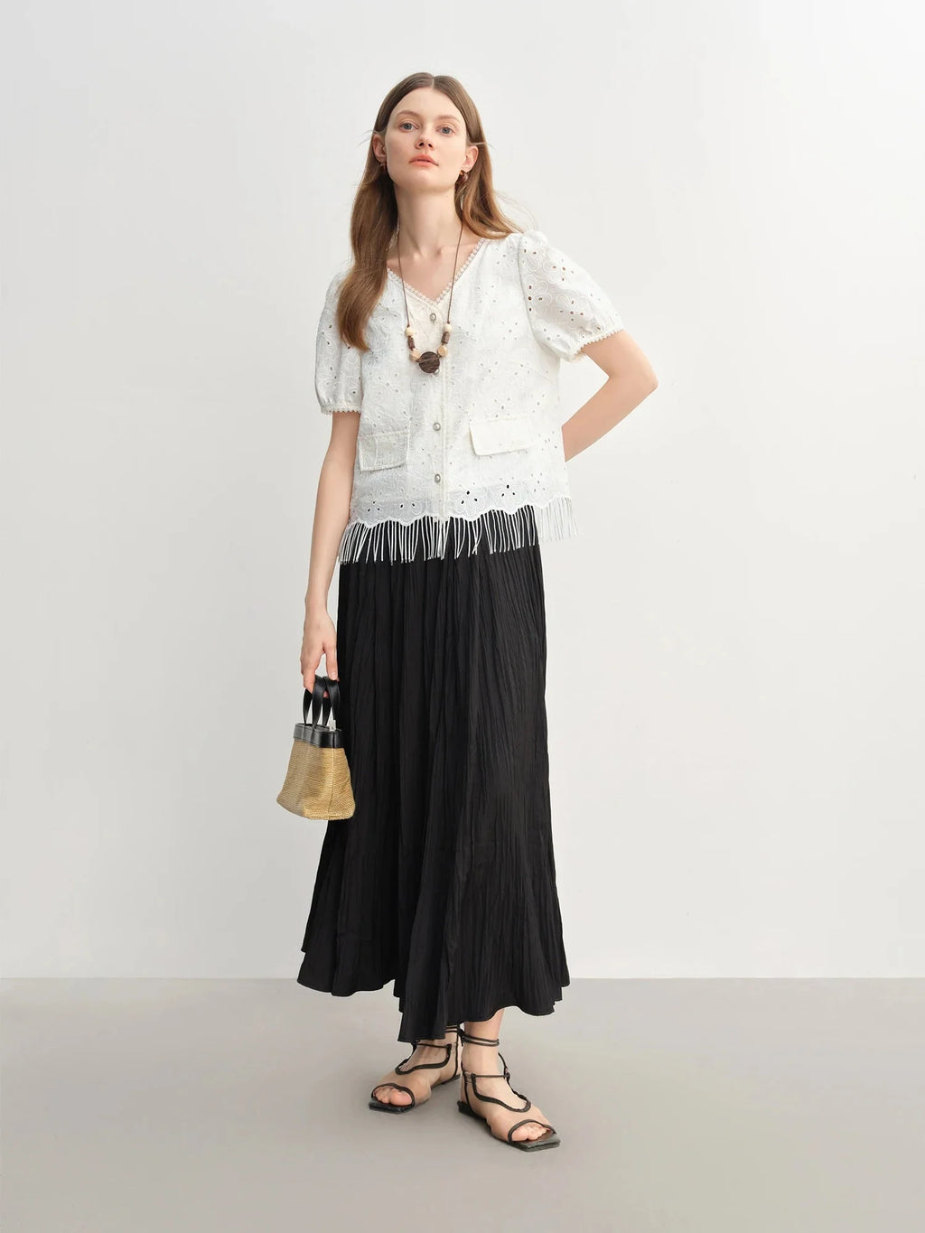 White Lace Embroidery Chic Summer Shirt Tassel Detail