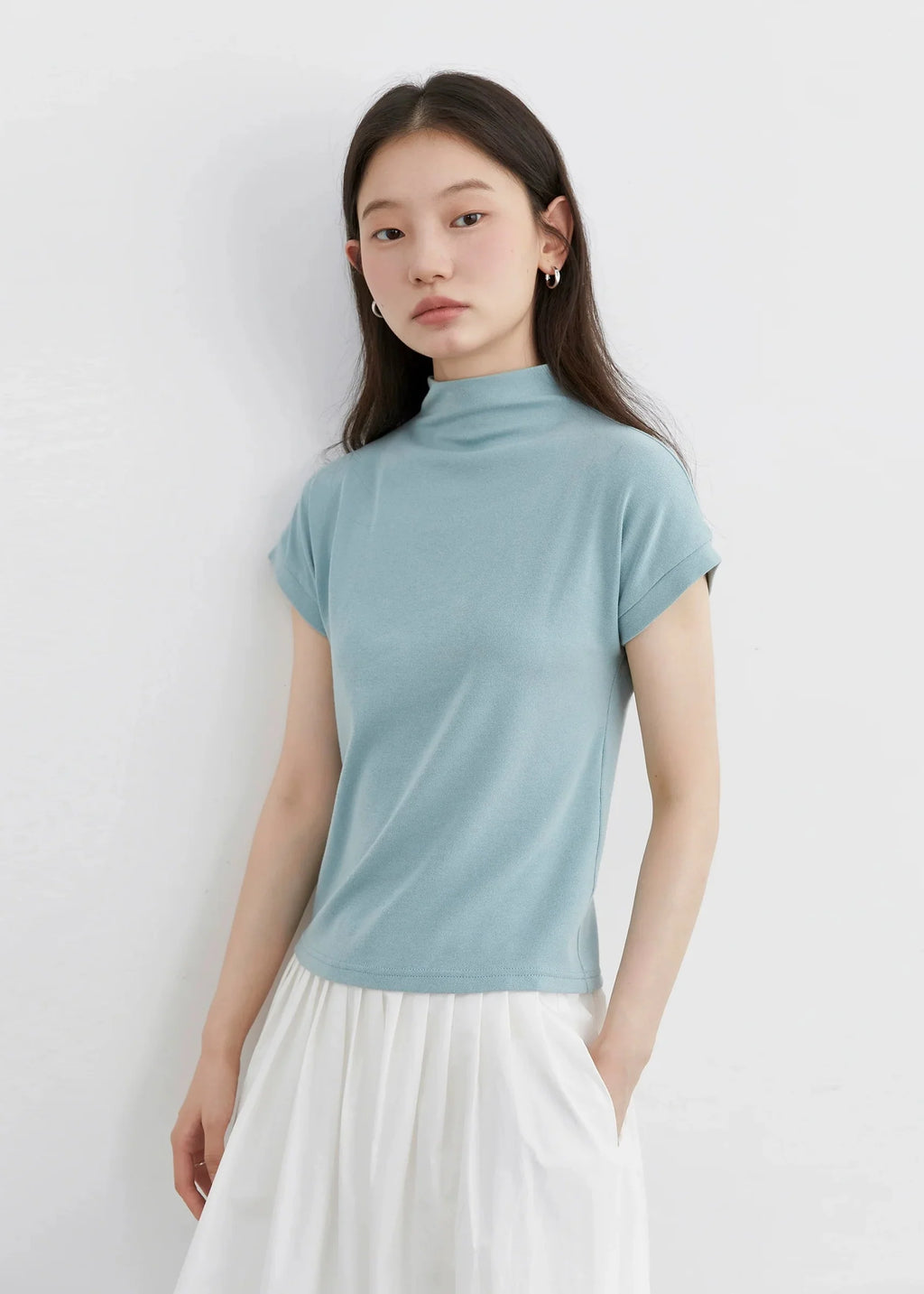 Slim Fit Half High Neck T-Shirt Elastic Basic Tee