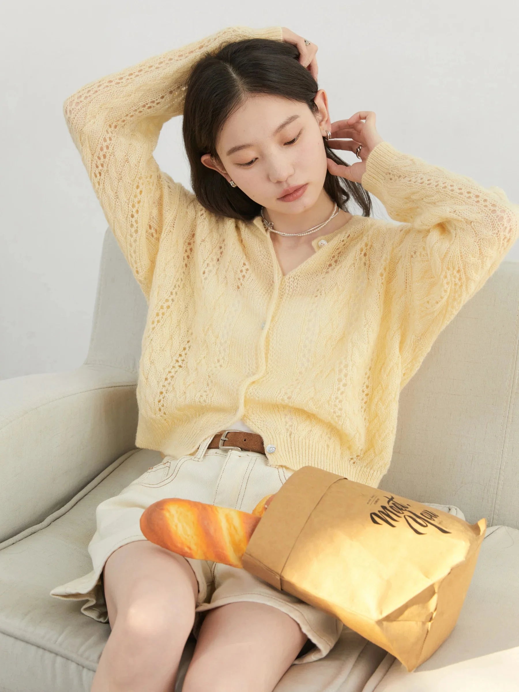 Mohair Hollow Knit Cardigan Loose Casual Short Jumper
