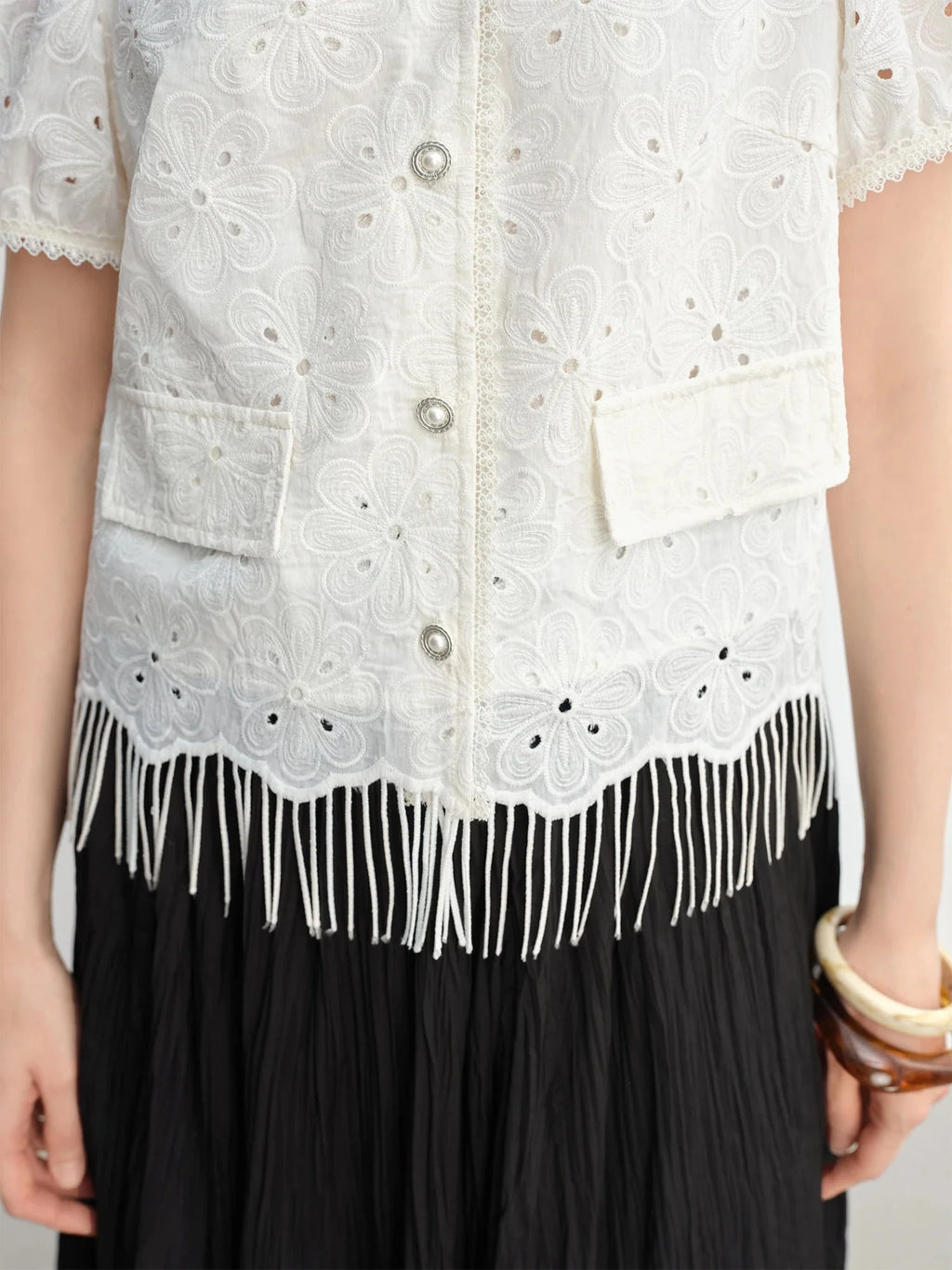 White Lace Embroidery Chic Summer Shirt Tassel Detail