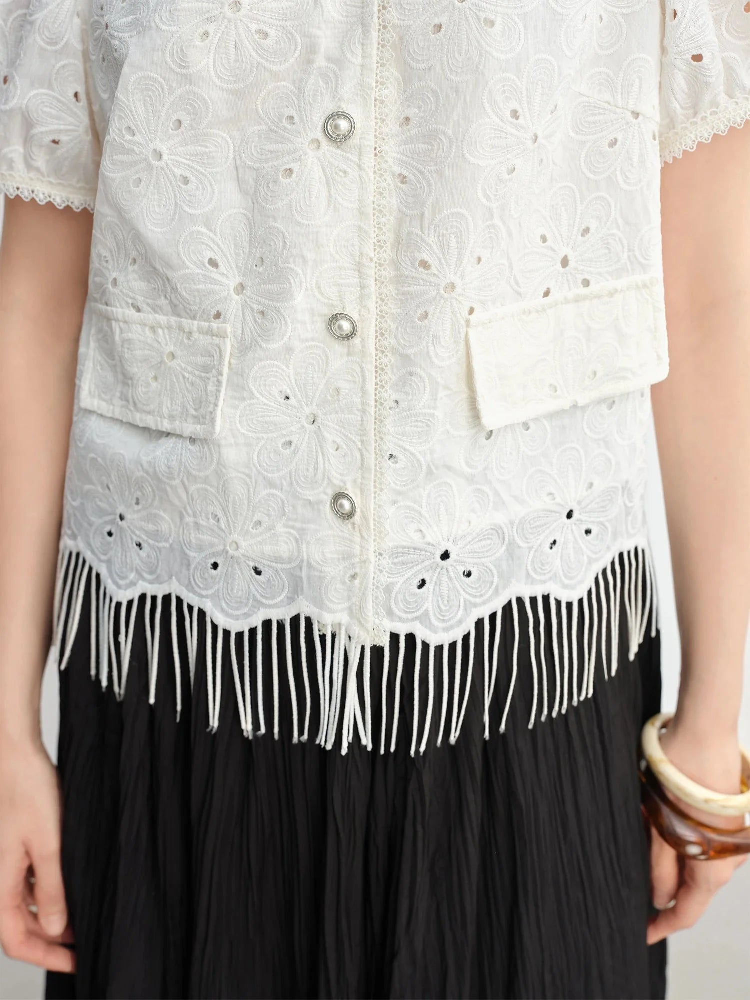 White Lace Embroidery Chic Summer Shirt Tassel Detail