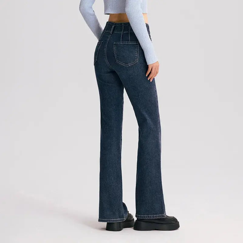 Women's High-Waist Flared Jeans Long Fleece Trousers