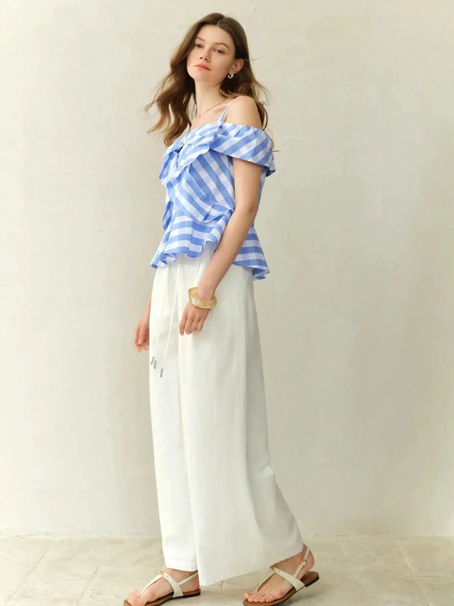 Asymmetric Checkered Blouse Geometric Print Top