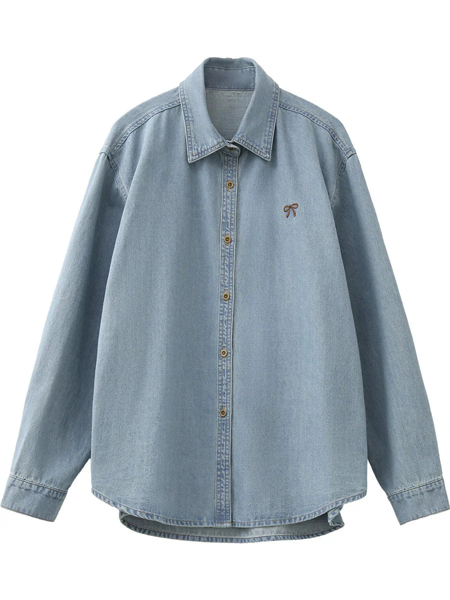 Bow Embroidered Denim Shirt Loose Blue Blouse