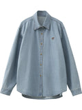 Bow Embroidered Denim Shirt Loose Blue Blouse