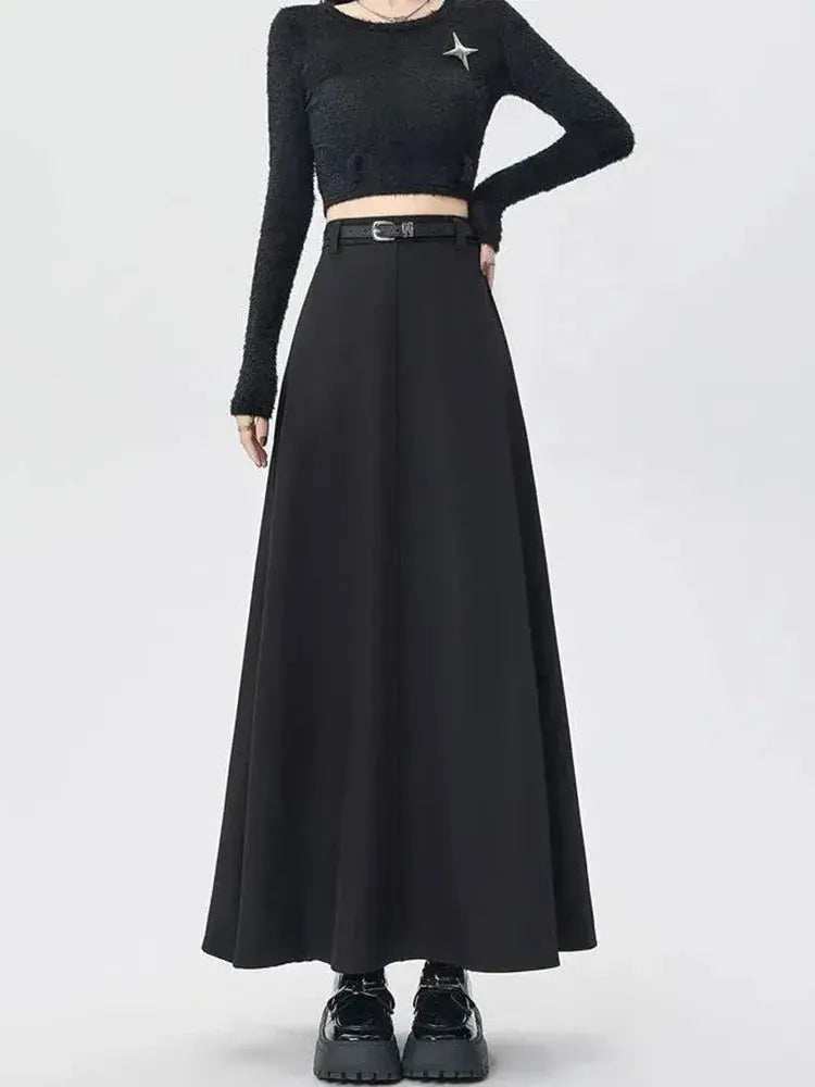 High-Waist A-Line Pleated Midi Skirt with Tie Belt