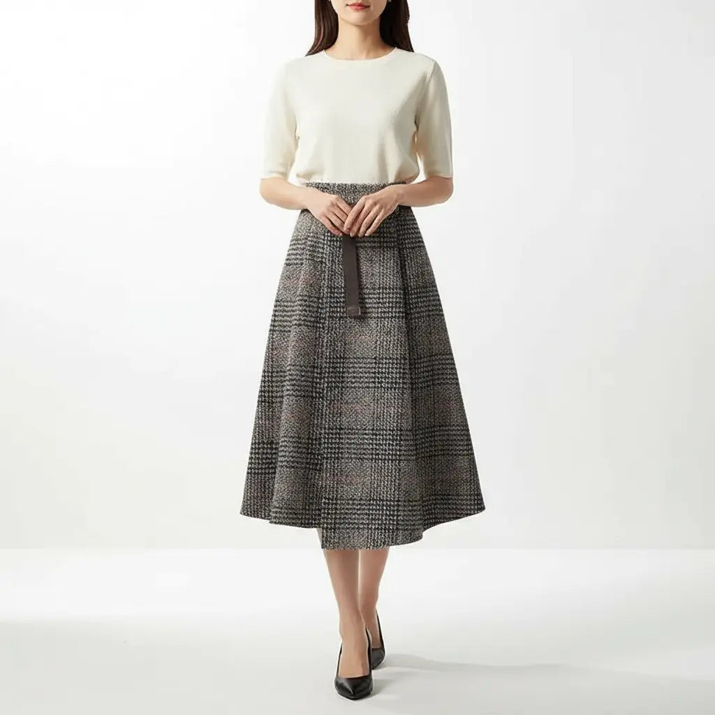 Irregular Hem Wool-Blend Plaid Midi Skirt