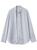 Blue Striped Bow Tie Blouse Cotton Casual Shirt
