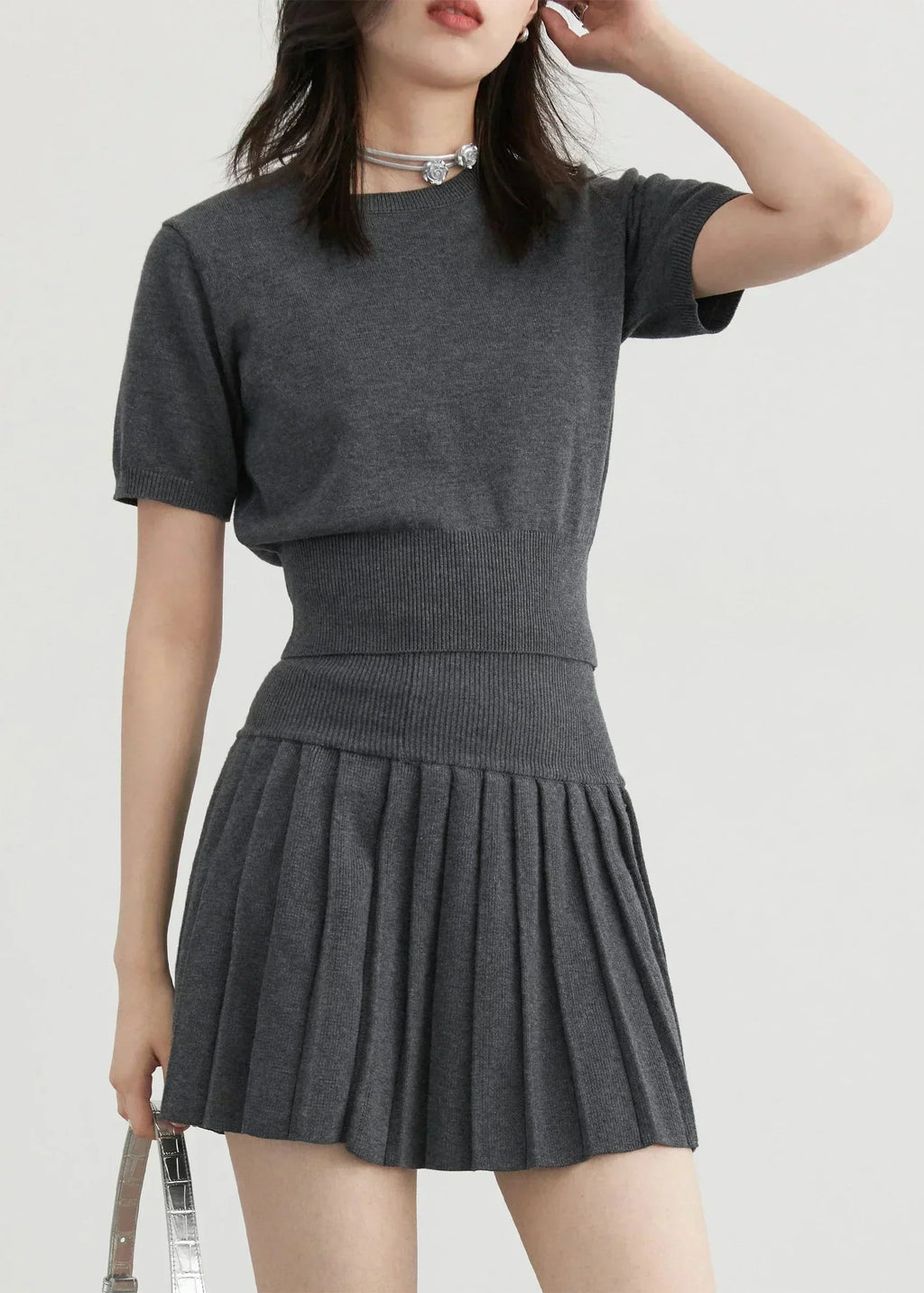 Women’s 3-Piece Knitted Skirt Set Pleated Cardigan Outfit