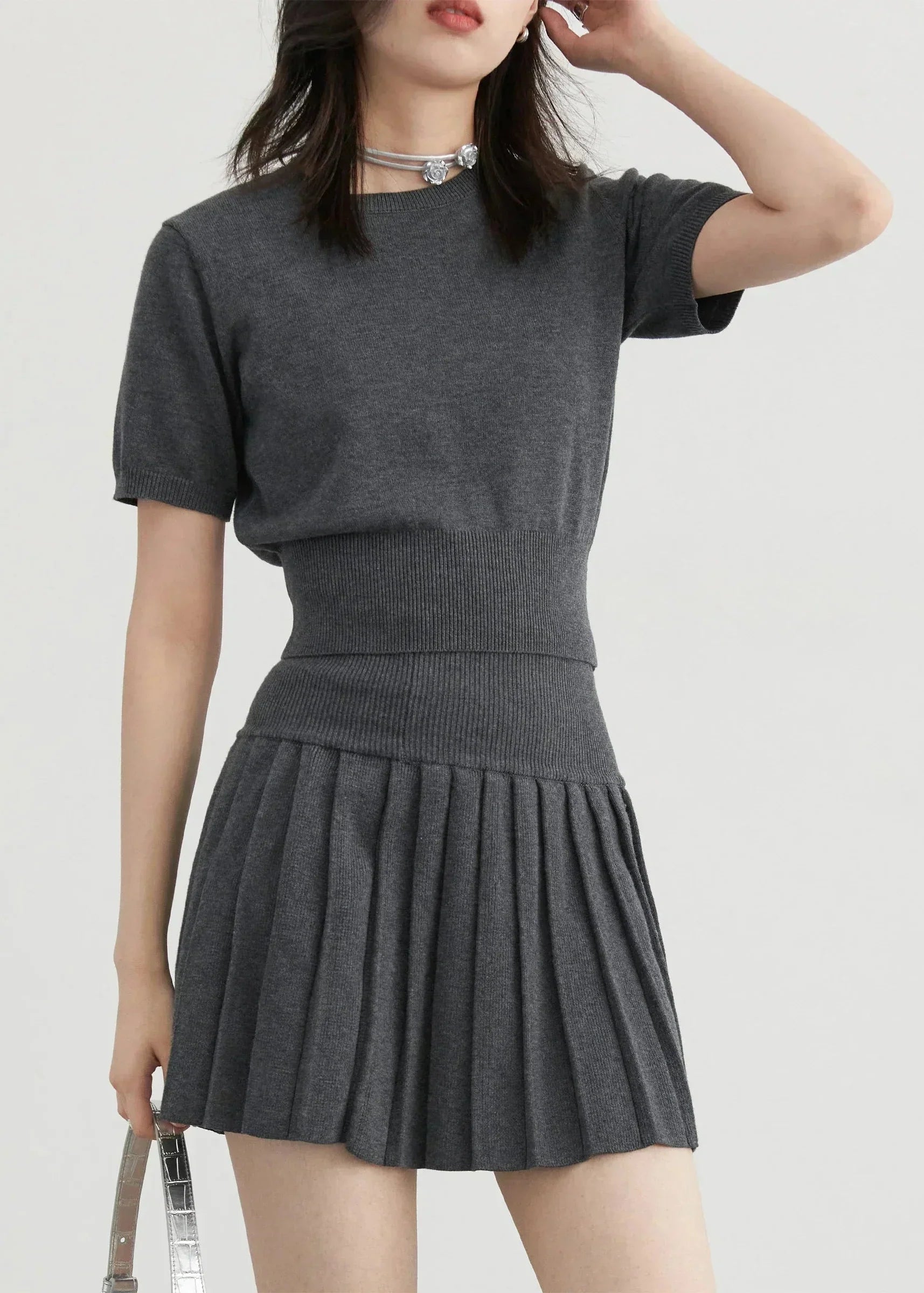 Women’s 3-Piece Knitted Skirt Set Pleated Cardigan Outfit