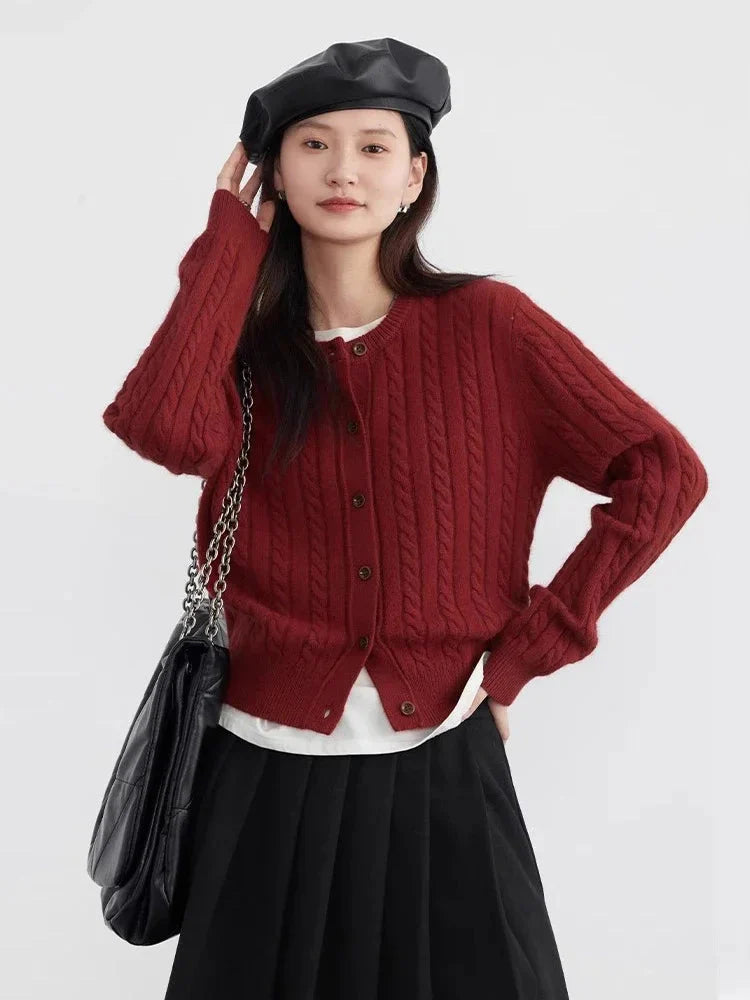 Red Round Neck Cardigan Twisted Raccoon Hair Knit