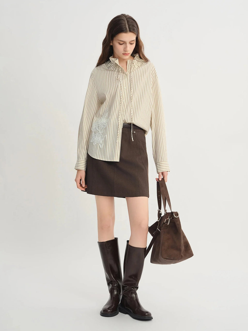Plus Size Striped Ribbon Shirt Chic Lace Patch Autumn
