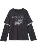 Cotton Letter Print T-Shirt Lace Patchwork Tee