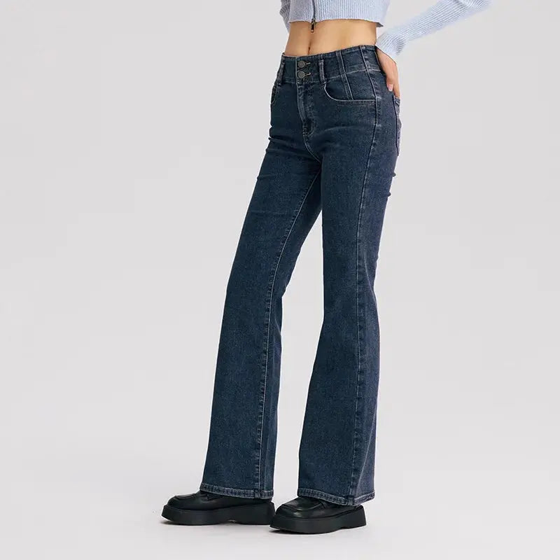 Women's High-Waist Flared Jeans Long Fleece Trousers