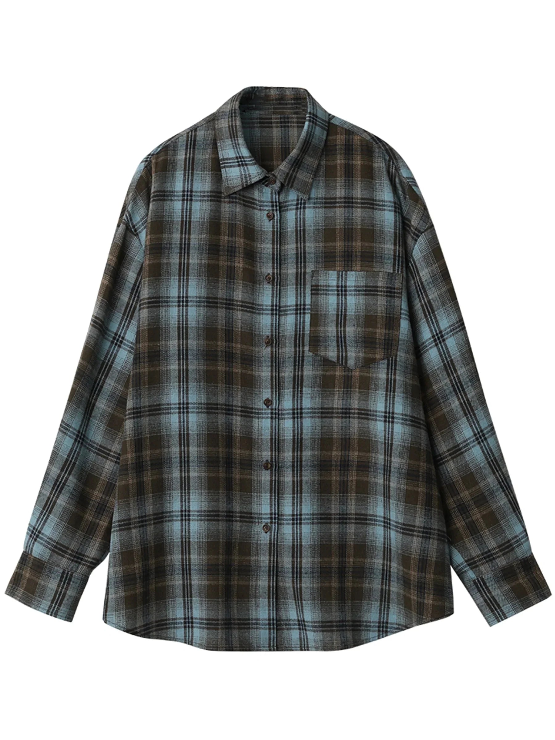 Women’s Long Sleeve Plaid Shirt Coat Loose Casual Blouse