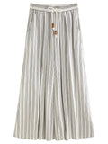 Cotton-Linen Wide Leg Pants Striped Resort Wear