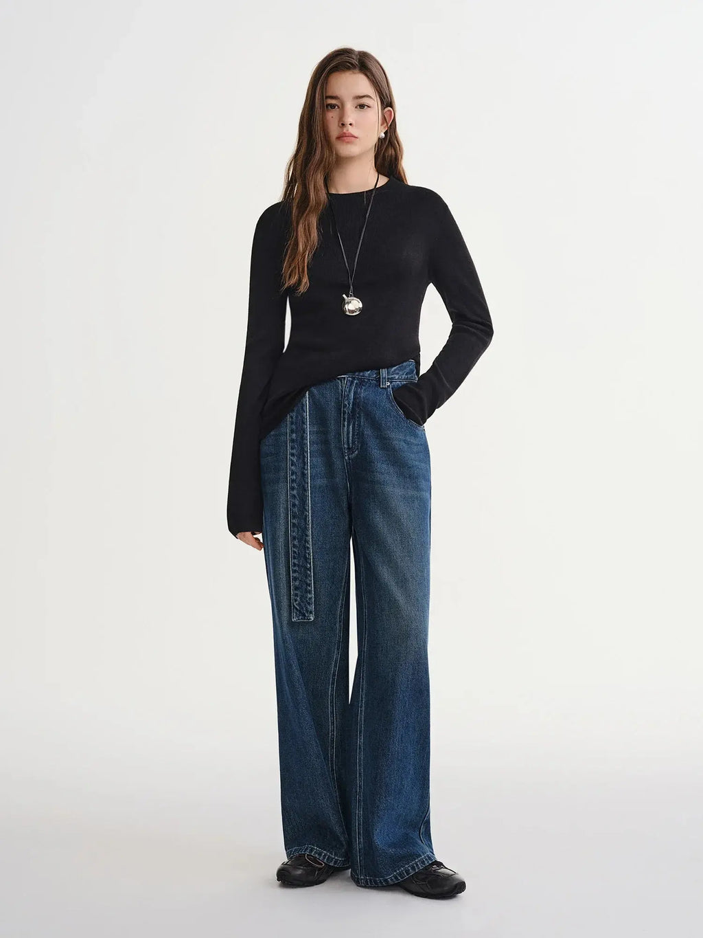 Plus-Size Belted Wide-Leg Denim Jeans
