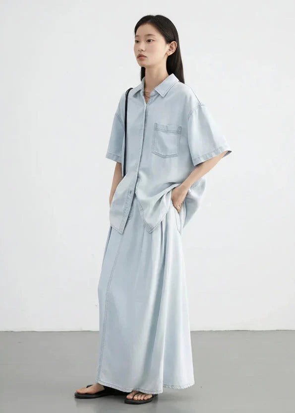 Blue Denim Set: Loose Shirt & Elastic Waist Shorts/Skirt