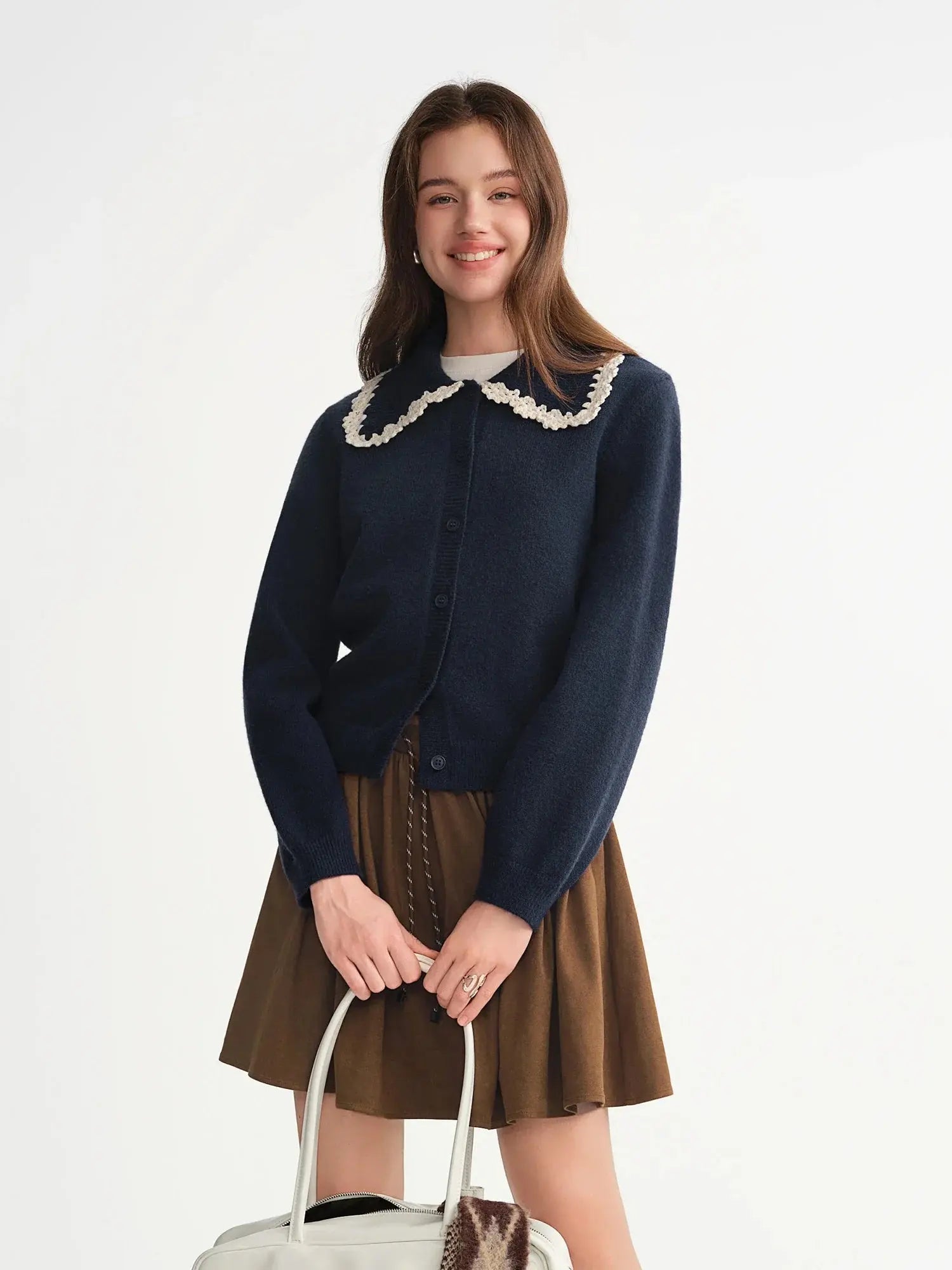 Embroidered Knit Cardigan with Lace Trim and Collar