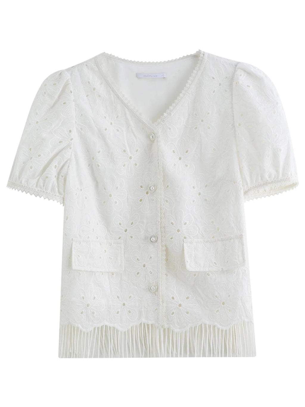 White Lace Embroidery Chic Summer Shirt Tassel Detail