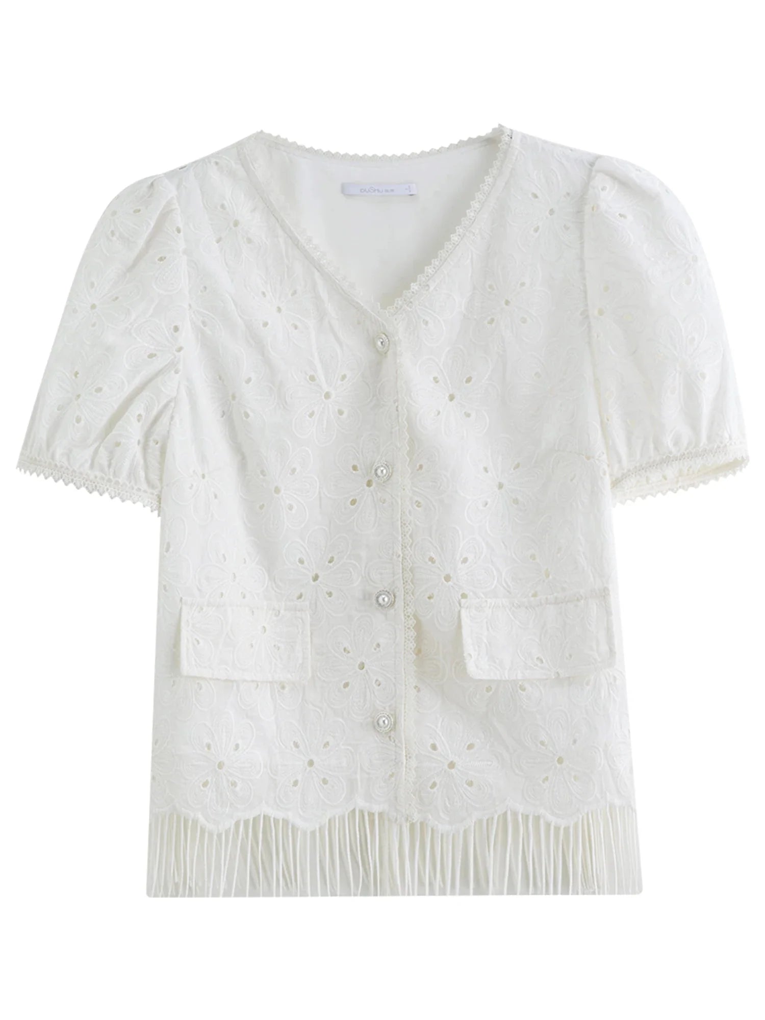 White Lace Embroidery Chic Summer Shirt Tassel Detail