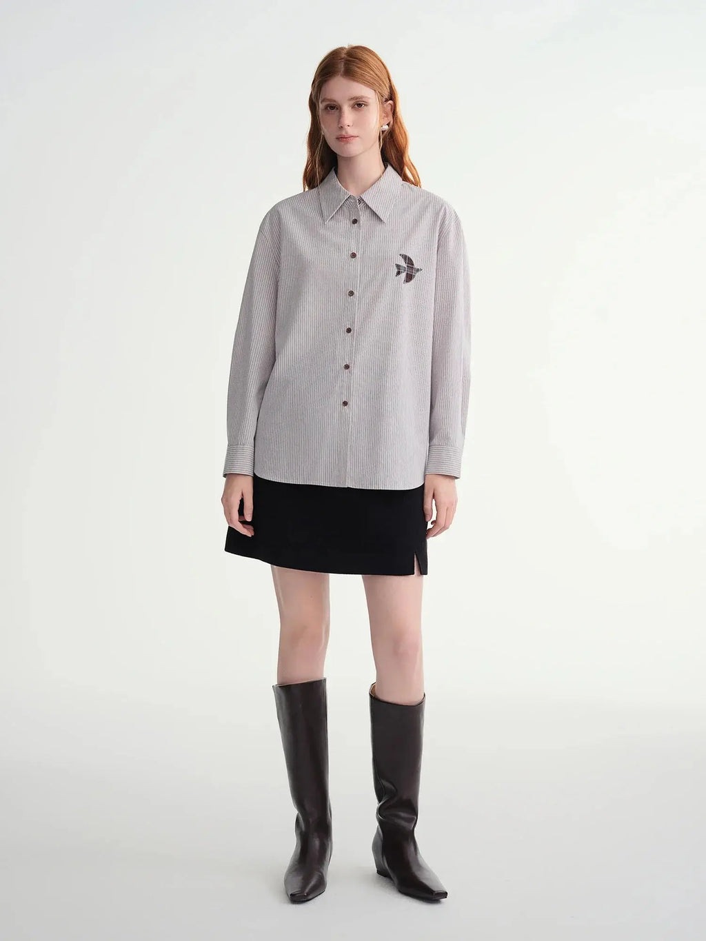 Plus-Size Birds Appliqué Checkered Stripe Shirt