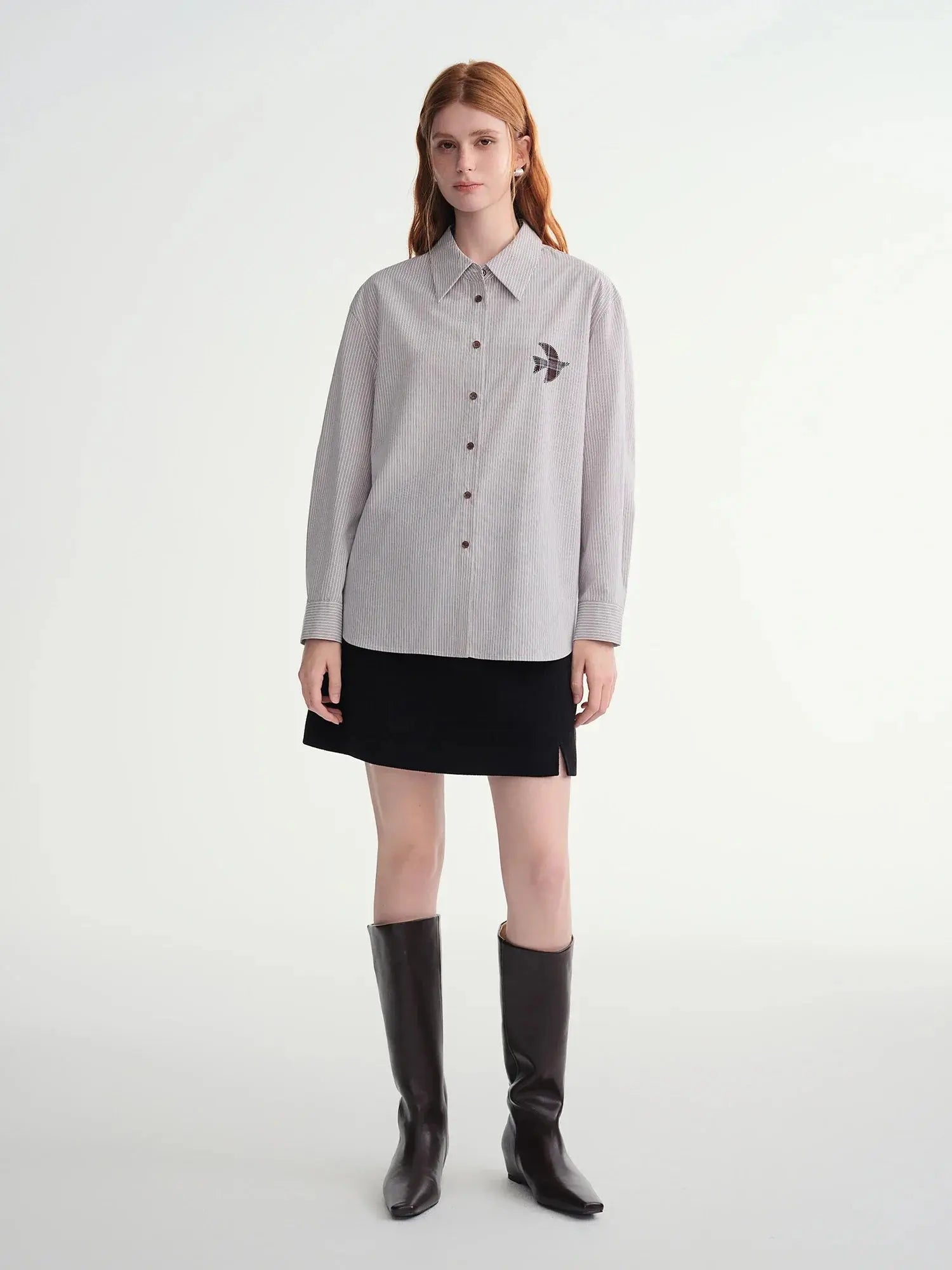 Plus-Size Birds Appliqué Checkered Stripe Shirt