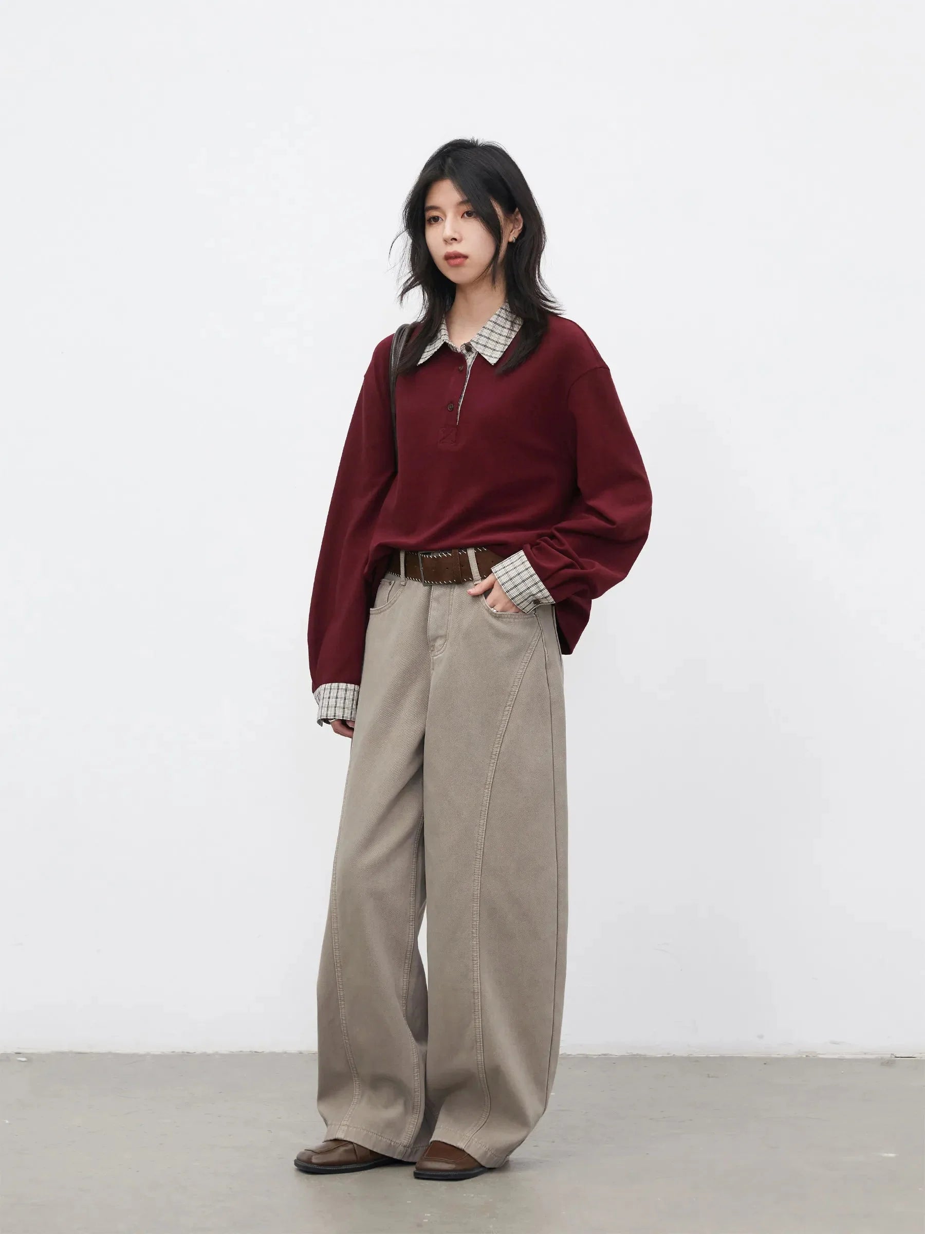 Color Block Plaid T-Shirt  Loose Casual Long Sleeve