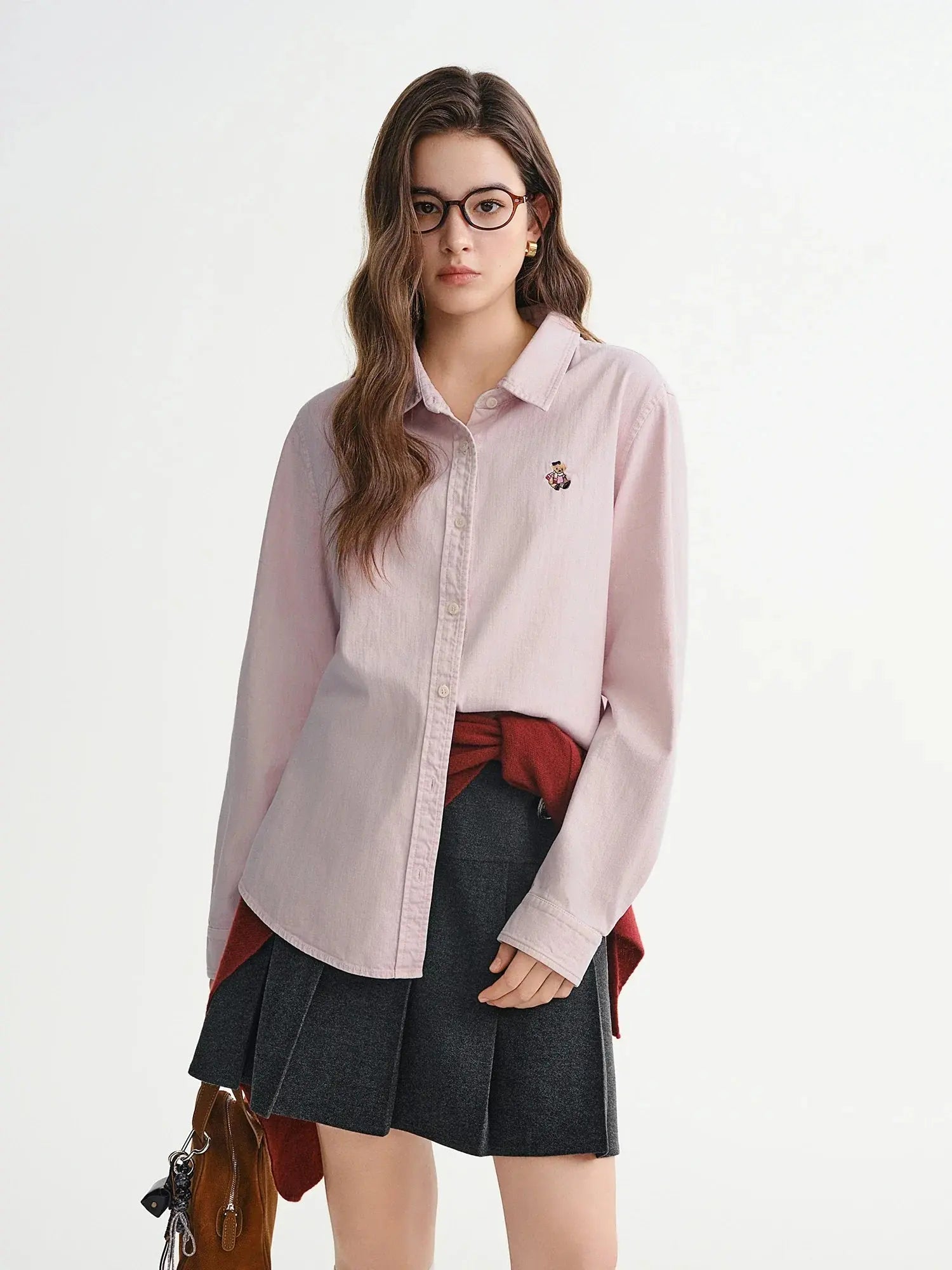 American Retro Bear-Embroidered Denim Shirt (Plus Size)