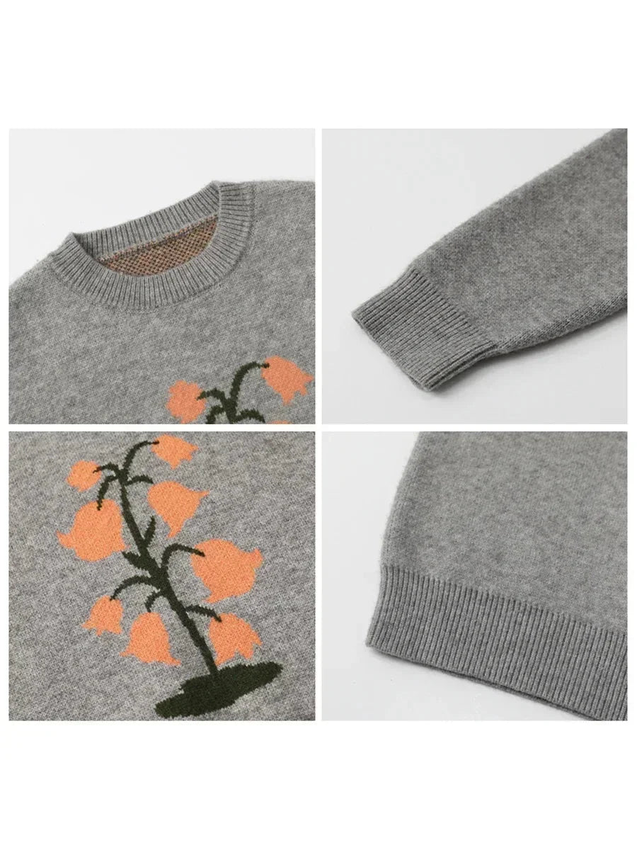 O-Neck Floral Cashmere Sweater Warm Winter Jumper