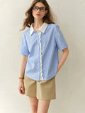 Plus Size Blue Plaid Retro Lace Shirt