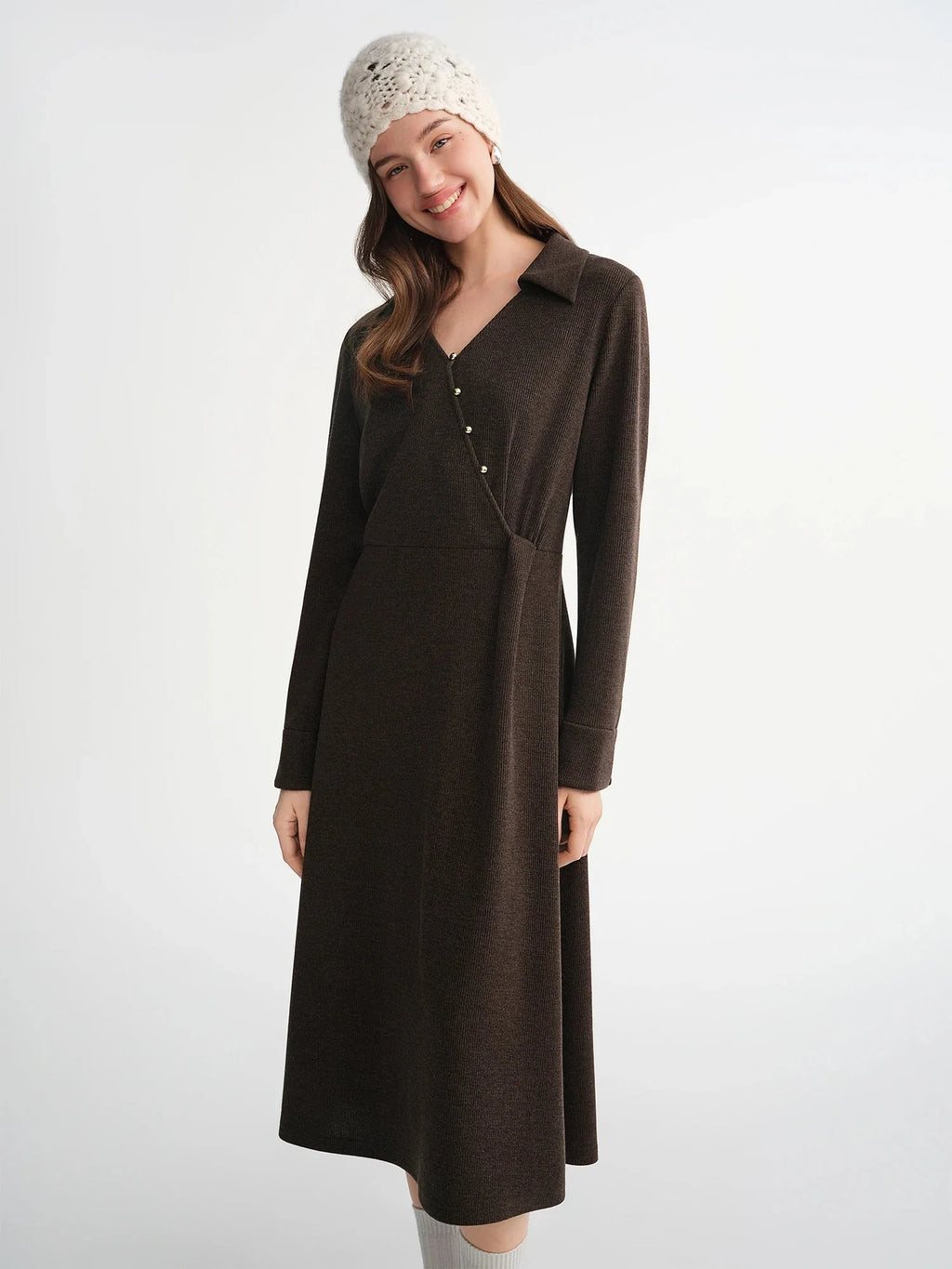 Women’s V-Neck Slant Placket Knitted Dress Retro Winter Style