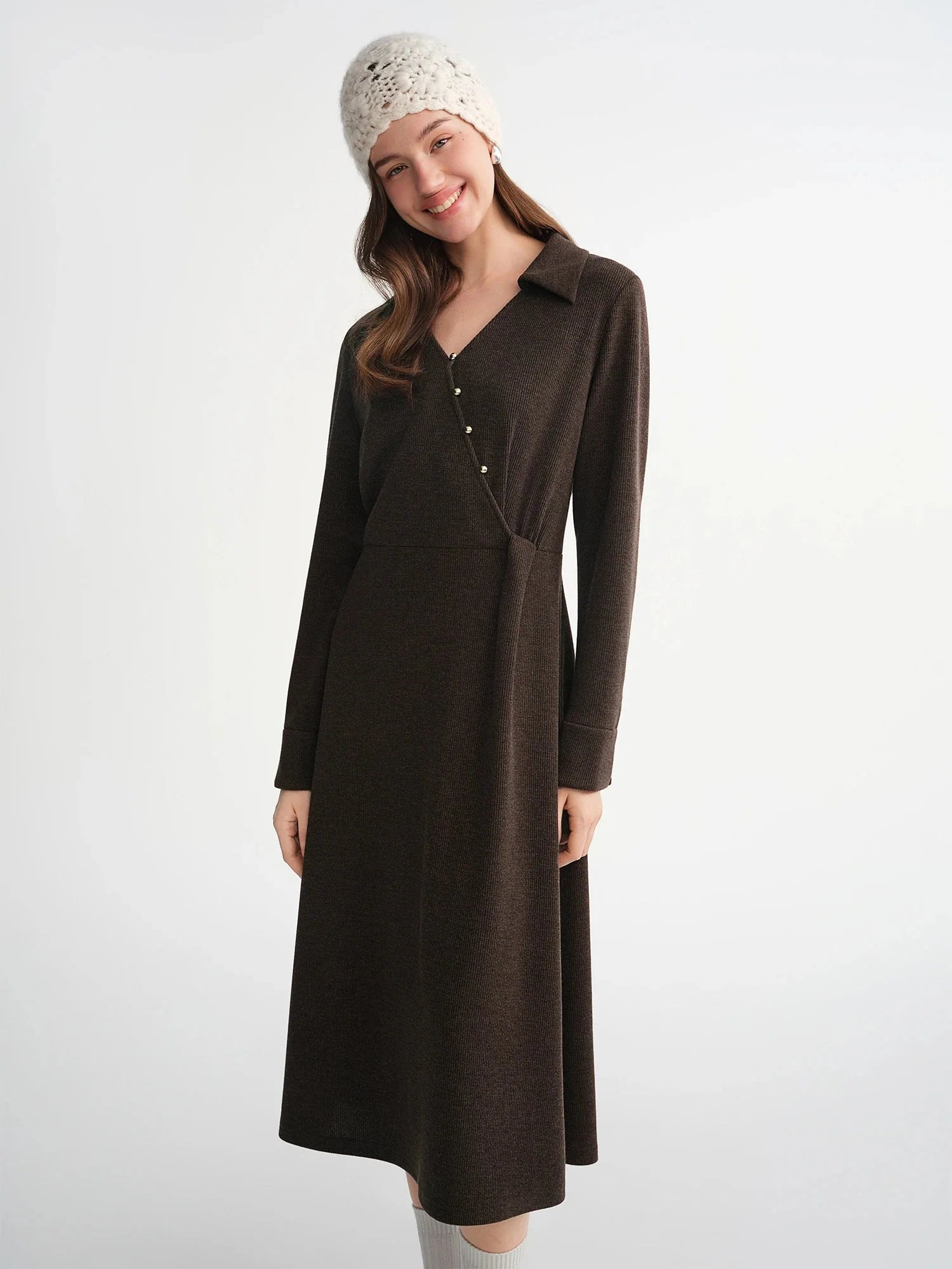 Women’s V-Neck Slant Placket Knitted Dress Retro Winter Style