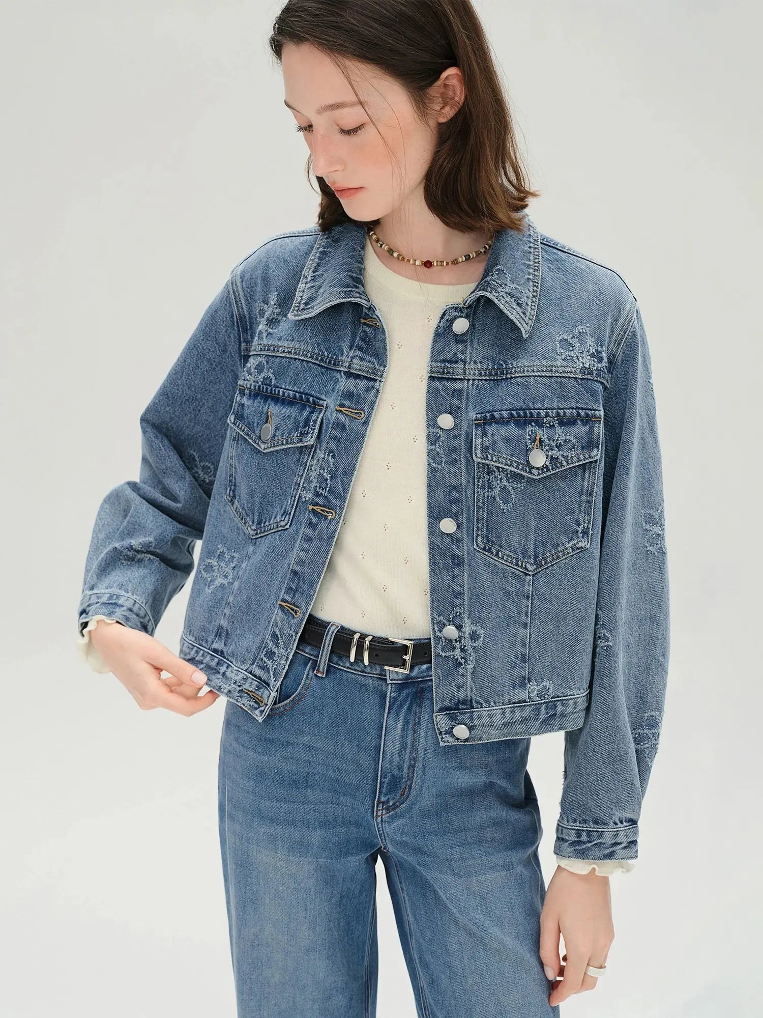 Plus-Size Fringed Floral Denim Outfit Set