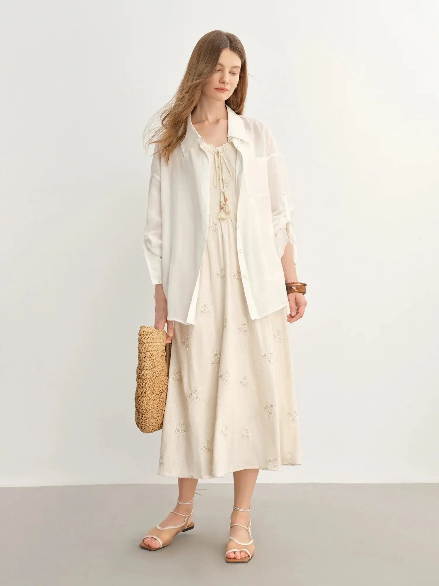 New Fashion Beige Temperament Long Dress with Lace-up Straps