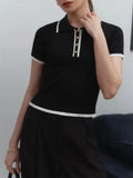 Contrast Patchwork Knit Top with Lapel Collar