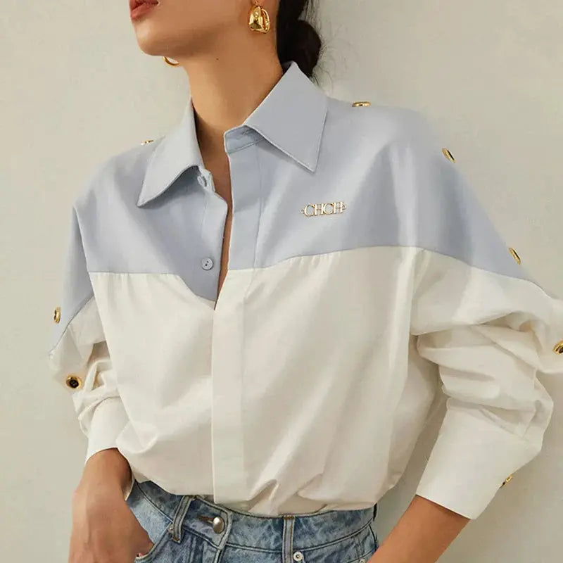 Contrast Patchwork Long-Sleeve Blouse