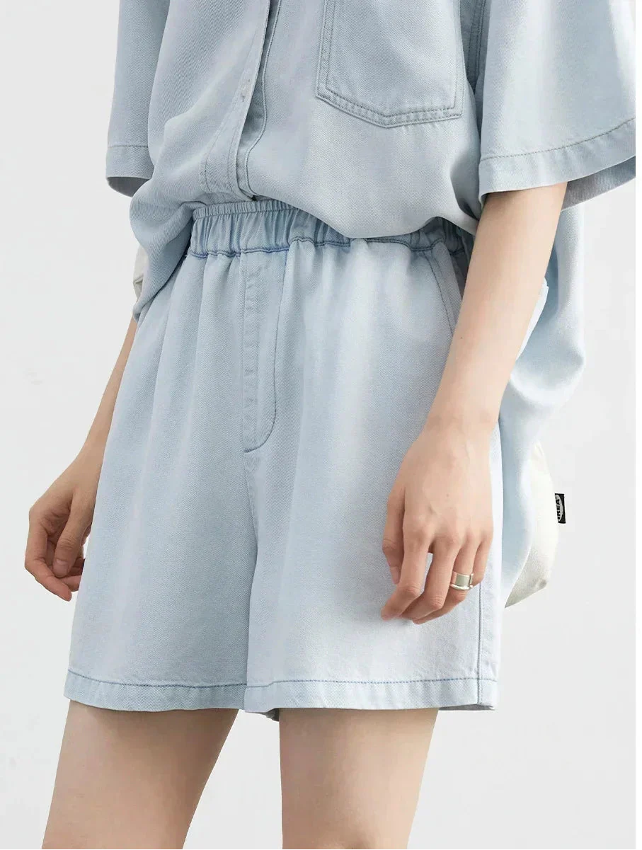 Blue Denim Set: Loose Shirt & Elastic Waist Shorts/Skirt