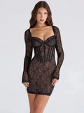 Lace Long Sleeve Backless Split Bodycon Dress