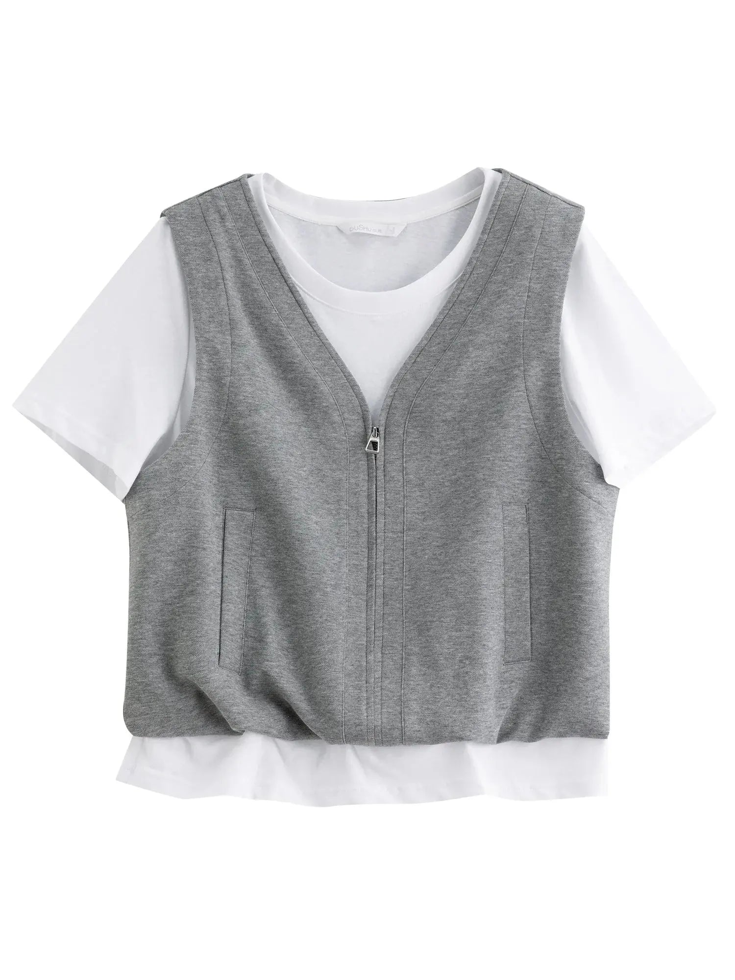 Simple Gray Short-Sleeve Faux Two-Piece Skirt Suit