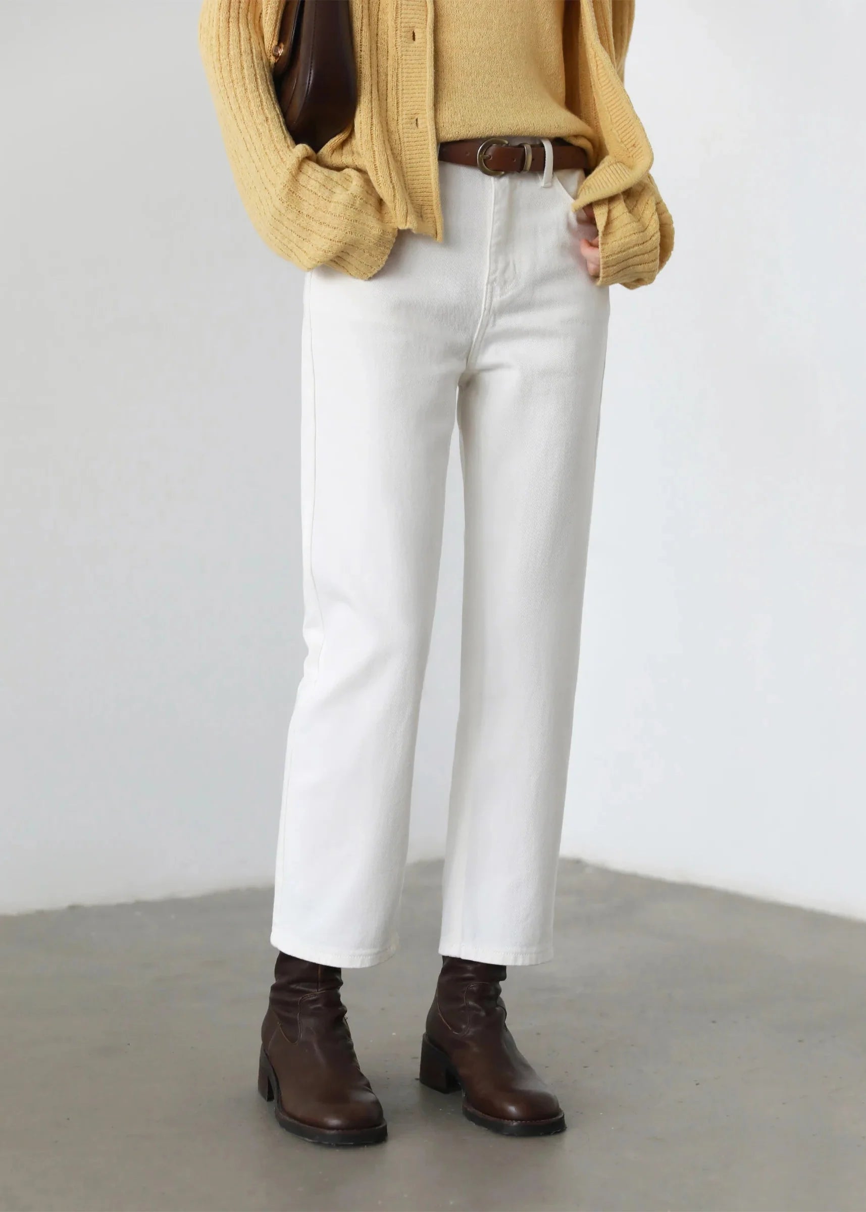 High Waisted White Cotton Pants Slim Straight Leg