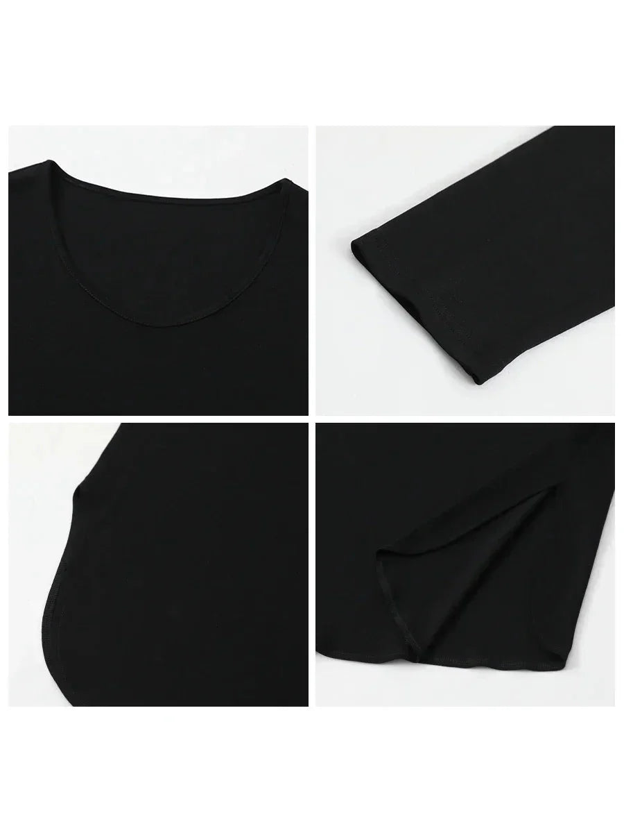 Loose U-Neck Long Sleeve Tee Casual Split Hem Top