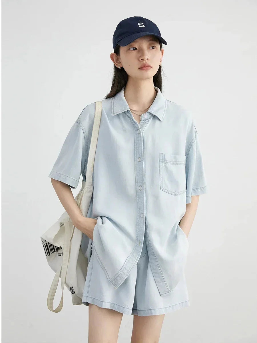 Blue Denim Set: Loose Shirt & Elastic Waist Shorts/Skirt