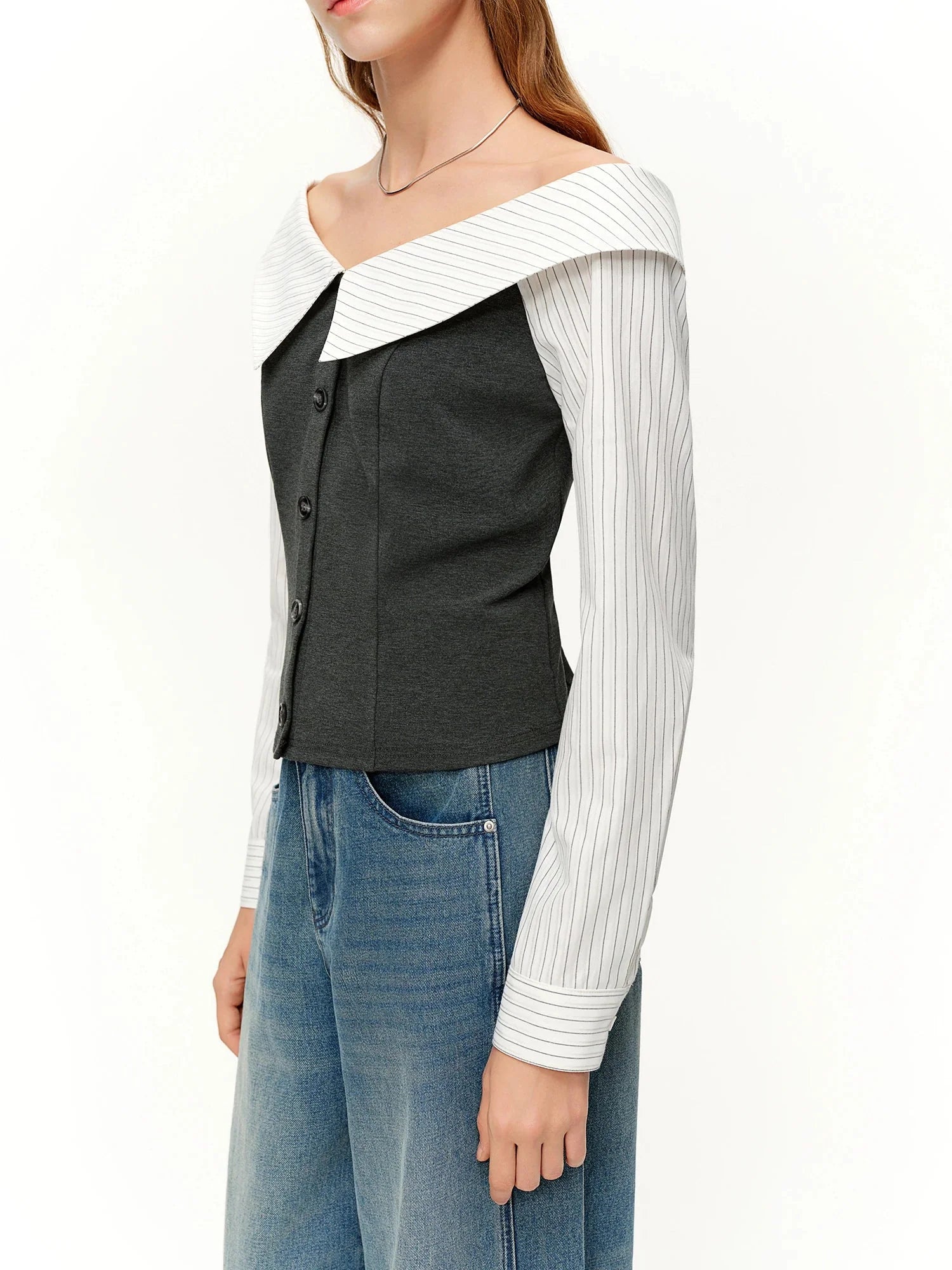 Spring Fashion Off Shoulder Crop Top & Mix Match Patchwork Jeans