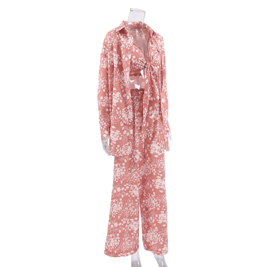 Women’s 3-Piece Floral Pajama Set Autumn Sleepwear & Loungewear