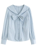 Plus Size Navy Striped Shirt with Collar & Bow Detail