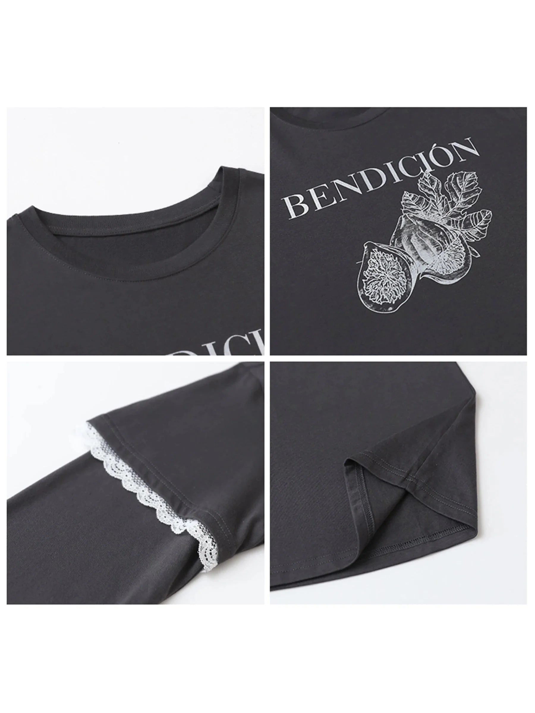 Cotton Letter Print T-Shirt Lace Patchwork Tee