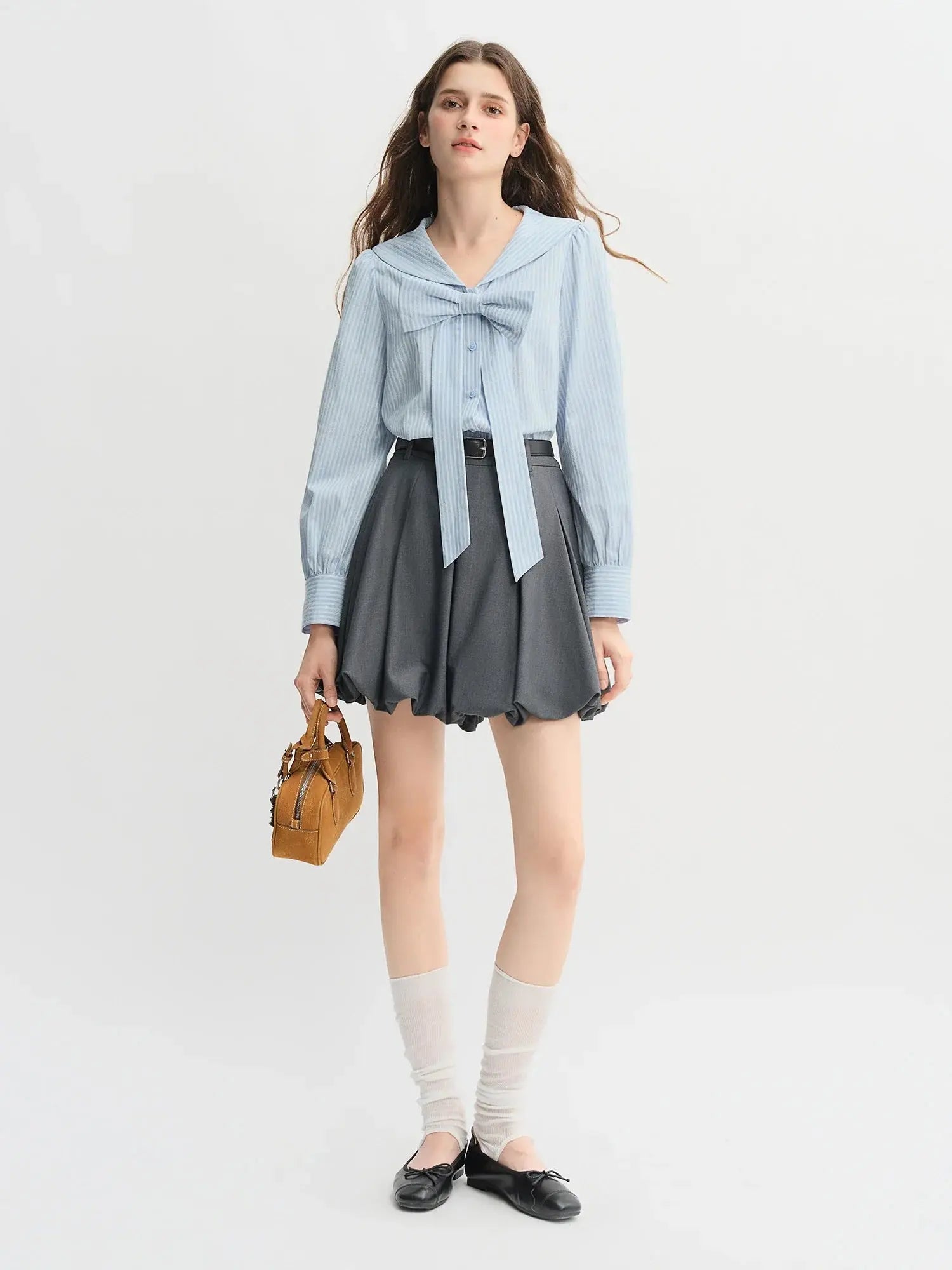 Plus Size Navy Striped Shirt with Collar & Bow Detail