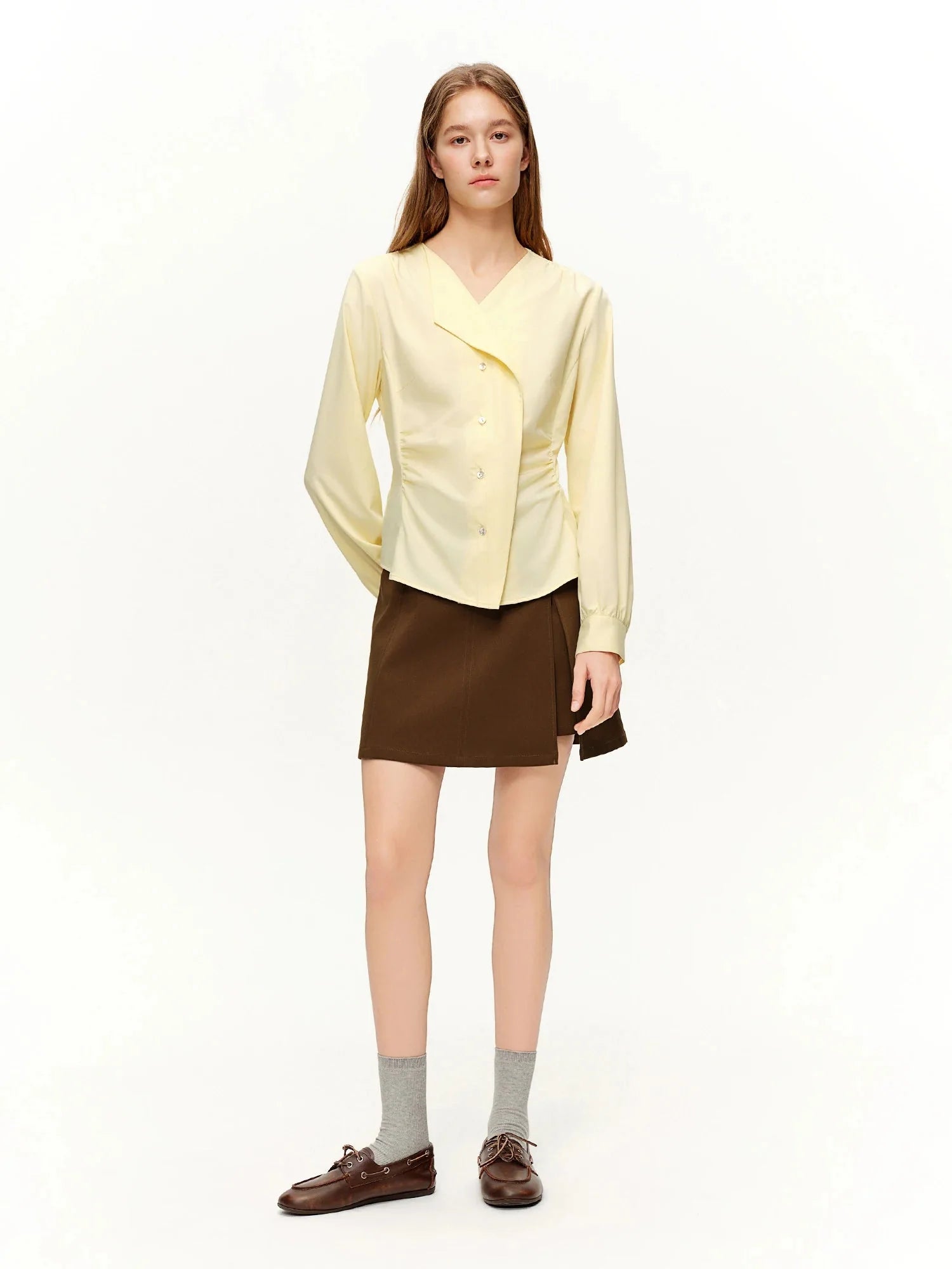 Women’s Asymmetrical V-Neck Blouse Slim Fit Office Top
